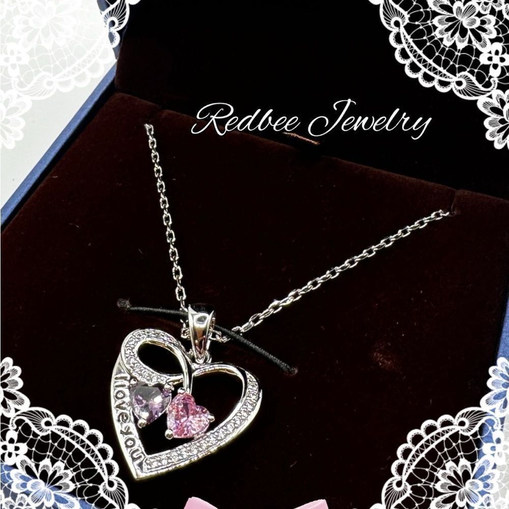 NIB Redbee 18k white GP over s925 “I Love You”, pink/purple CZ diamond necklace!
